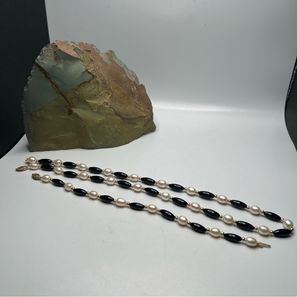 18" Pearl & Onyx Necklace & 7" Bracelet Set 14K Yellow Gold 23.4g (FCO022689)